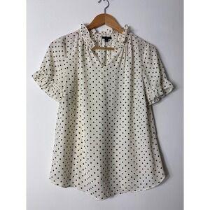Talbots Petites M  Ivory Polka Dot Ruffle Neck Short Sleeve Blouse